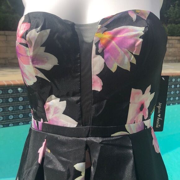 Sequin Hearts Strapless Black & Floral Gown Size 3 - Picture 3 of 8